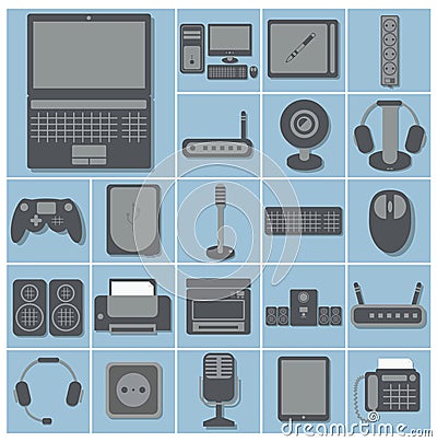 vector icon set of computer gadgets and devices 22 squares collection, light blue background Stock Photo