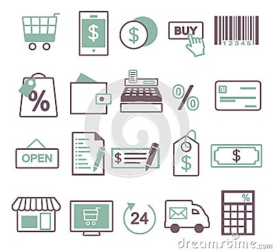 Vector icon set for creating inforaphics related to online shopping, sale and commerce, including shopping cart, mobile phone, buy Stock Photo