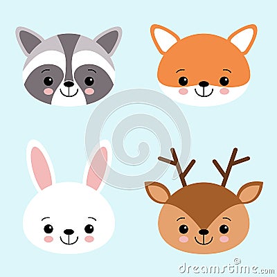 Vector icon set of cute forest animals white hare or rabbit, raccoon, deer and fox Stock Photo