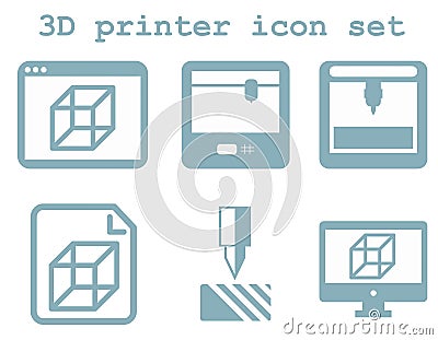 vector icon set of 3d printing technology, flat blue isolated icons: display, window, blueprint, device on white background Stock Photo