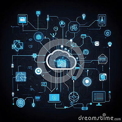 Vector Icon Set Featuring Cloud Computing, IoT Devices, and Robotics Connected by Network Nodes Stock Photo
