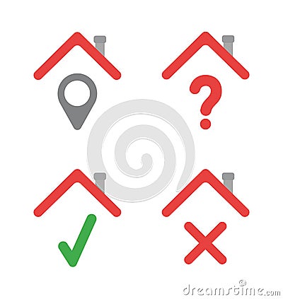 Vector icon set of houses with map pointer, question mark, check mark and x mark Vector Illustration