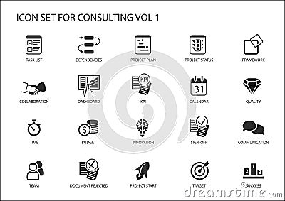 Vector icon set for topic consulting. Various symbols for strategy consulting, IT consulting, business consulting and management c Vector Illustration