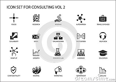 Vector icon set for topic consulting. Various symbols for strategy consulting, IT consulting, business consulting and management c Vector Illustration