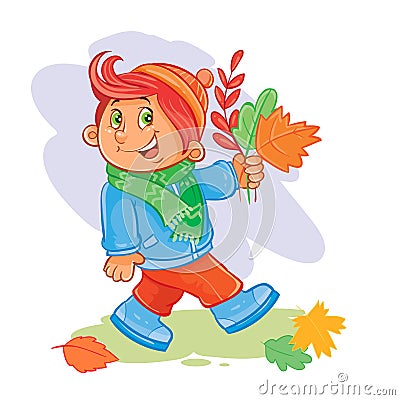 Vector icon of small boy collects fallen leaves Vector Illustration