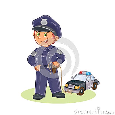 Vector icon of small child policeman and his machine on a string. Vector Illustration