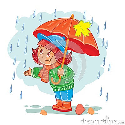 Vector icon of small girl with an umbrella standing in the rain Vector Illustration