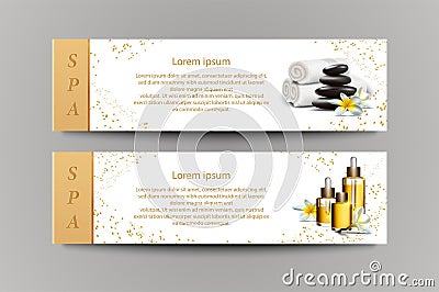 icon. Spa flyer and banners. Isolated on white. Stones and frangipani flowers. oils and lotion. Vector Illustration