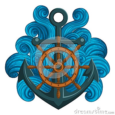Wooden ship`s wheel and anchor with blue waves. Vector Illustration