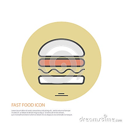 Vector icon style illustration of fast food, hamburger on colored round background. Cartoon Illustration