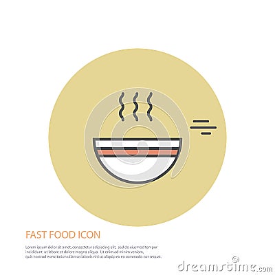 Vector icon style illustration of fast food, a plate of soup on colored round background. Cartoon Illustration