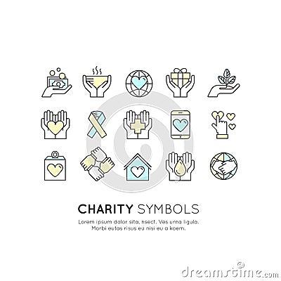 Set of Graphic Elements for Nonprofit Organizations and Donation Centre. Fundraising Symbols, Crowdfunding Project Label, Charity Stock Photo