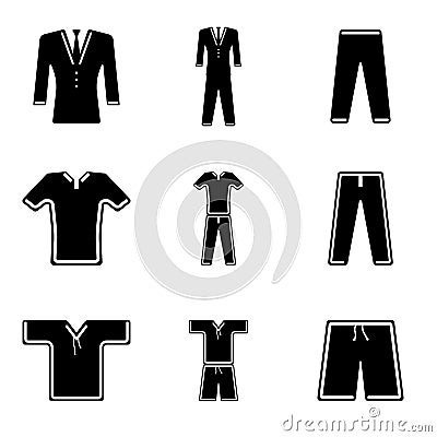 Vector icons of clothes for sports recreation and work. Flat Stock Photo