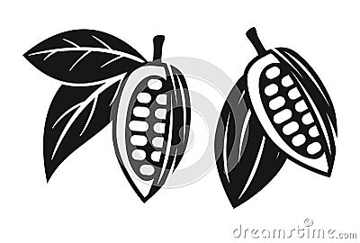 Vector icons of cocoa beans with leaves Vector Illustration