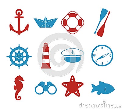 Vector icons collection set with maritime silhouettes of paper ship, skipper hat, compass, anchor, lighthouse, Vector Illustration