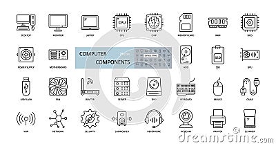 Vector icons of computer components. Editable Stroke. Parts of a PC, such as RAM memory, hdd ssd cpu processor. Keyboard mouse Vector Illustration