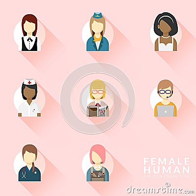 Vector of icons for different woman occupation icon collection set. professions icons set. flat design. vector illustration. Vector Illustration