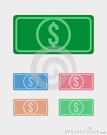 Vector icons of five american dollar banknotes Vector Illustration