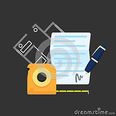 Vector icons flat style measuring roulette and room plan. Design, repair and decoration residential and commercial Vector Illustration