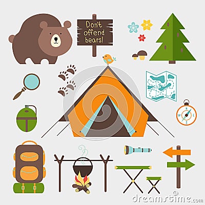 Vector icons forest camping set Vector Illustration