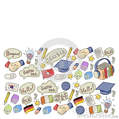 Vector icons. Language learning. Audio course. Spanish, english, italian, french, german, arabic, chinese. Vector Illustration