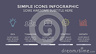 Vector icons minimal infographic, text diagram, flat percents status graph, presentation chart. Business concept with 5 Vector Illustration