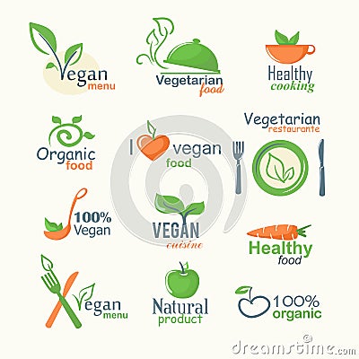 Vector icons of organic natural food, vegan and vegatarian signs Vector Illustration