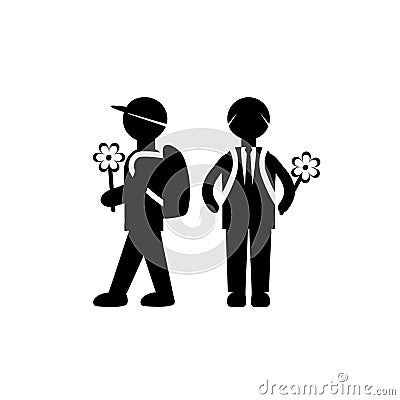 Vector icons of school boys first graders with a flower in hand, pictogram. Isolated over white background. Vector Illustration