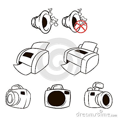 Vector icons set collection. Printer, mfp, megaphone. Vector black symbols isolated on white background Vector Illustration