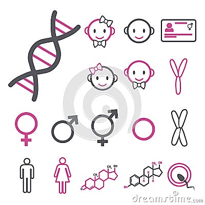 Vector icon set for creating infographics related to gender, transgender and Intersex like DNA, chromosomes, male and female horm Vector Illustration