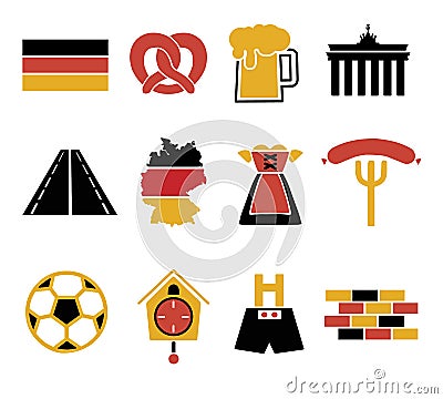 Vector icons set for creating infographics related to Germany, like leather trousers, beer mug, pretzel, Stock Photo