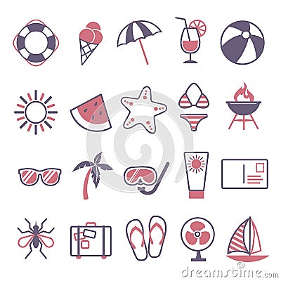 Vector icon set for creating infographics related to summer, travel and vacation, like cocktail drink, water melon, sun, bikini a Stock Photo