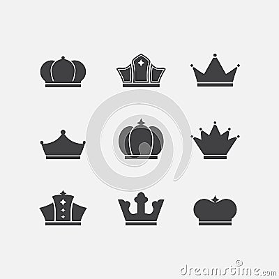Vector icons set of different black crowns shapes Vector Illustration
