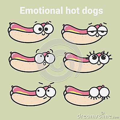 Vector icons set of emotional hot dogs.Cute fast food Stock Photo