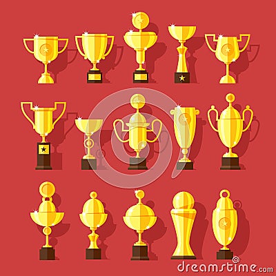 Vector icons set of golden sport award cups. Stock Photo