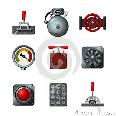 Vector icons set with industrial design elements. Analog interface object isolated on white. Levers, switches, buttons Vector Illustration
