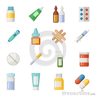 Vector icons set of medications. Drugs and pills isolate on white background Vector Illustration