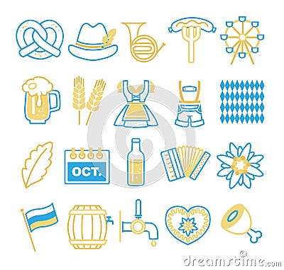 Vector icons set related to German Oktoberfest, like dirndl, beer mug, pretzel or Bratwurst sausage Stock Photo