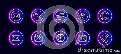 10 in 1 vector icons set related to qna, support theme. Lineart vector icons in neon glow style Vector Illustration