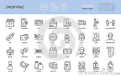 Vector icons of shopping, e-commerce. Editable Stroke. Shop delivery free shipping cart, loyalty program. Payment coupon sale Vector Illustration