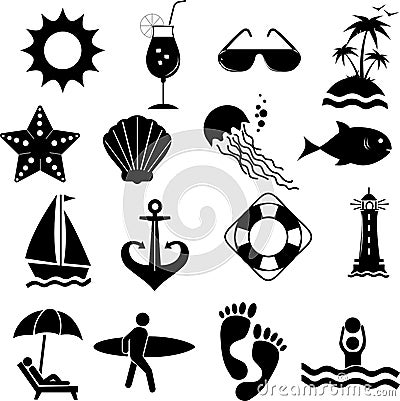 Vector icons silhouettes on a marine theme in black Vector Illustration