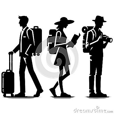 Vector icons silhouettes of travelers. Tourist with a rolling suitcase, a person with a map and backpack, and a traveler wearing a Vector Illustration