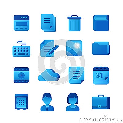 Vector icons Universal set. Browser Document Book Keyboard Folder Cloud Calendar Briefcase icon Vector Illustration