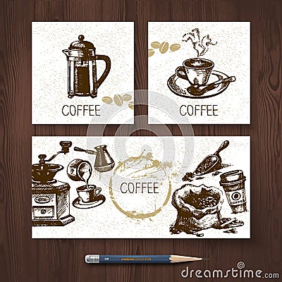 Vector identity set of coffee banners. Menu design templates with hand drawn sketch illustrations Vector Illustration