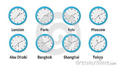 Vector illlustration of Time Zone Wall Clocks. Vector Illustration