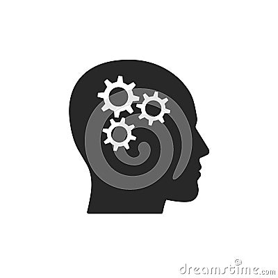 Vector illstration of head with gears icon. Flat design. Isolated. Vector Illustration