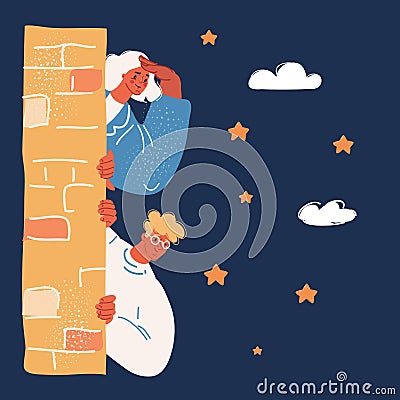 Vector illuatration of young people peep behind corner over dark background Vector Illustration