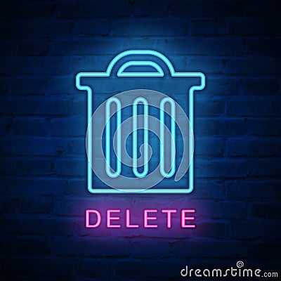 Vector illuminated neon light icon sign delete trash can Vector Illustration