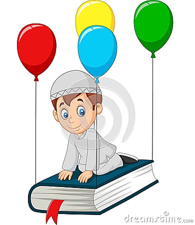 Cartoon Muslim schoolboy flying on a book Vector Illustration