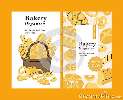 Vector illustartion vintage basket full of bakery food. Assortment of different pastries. Cards for pastry store. Vector Illustration